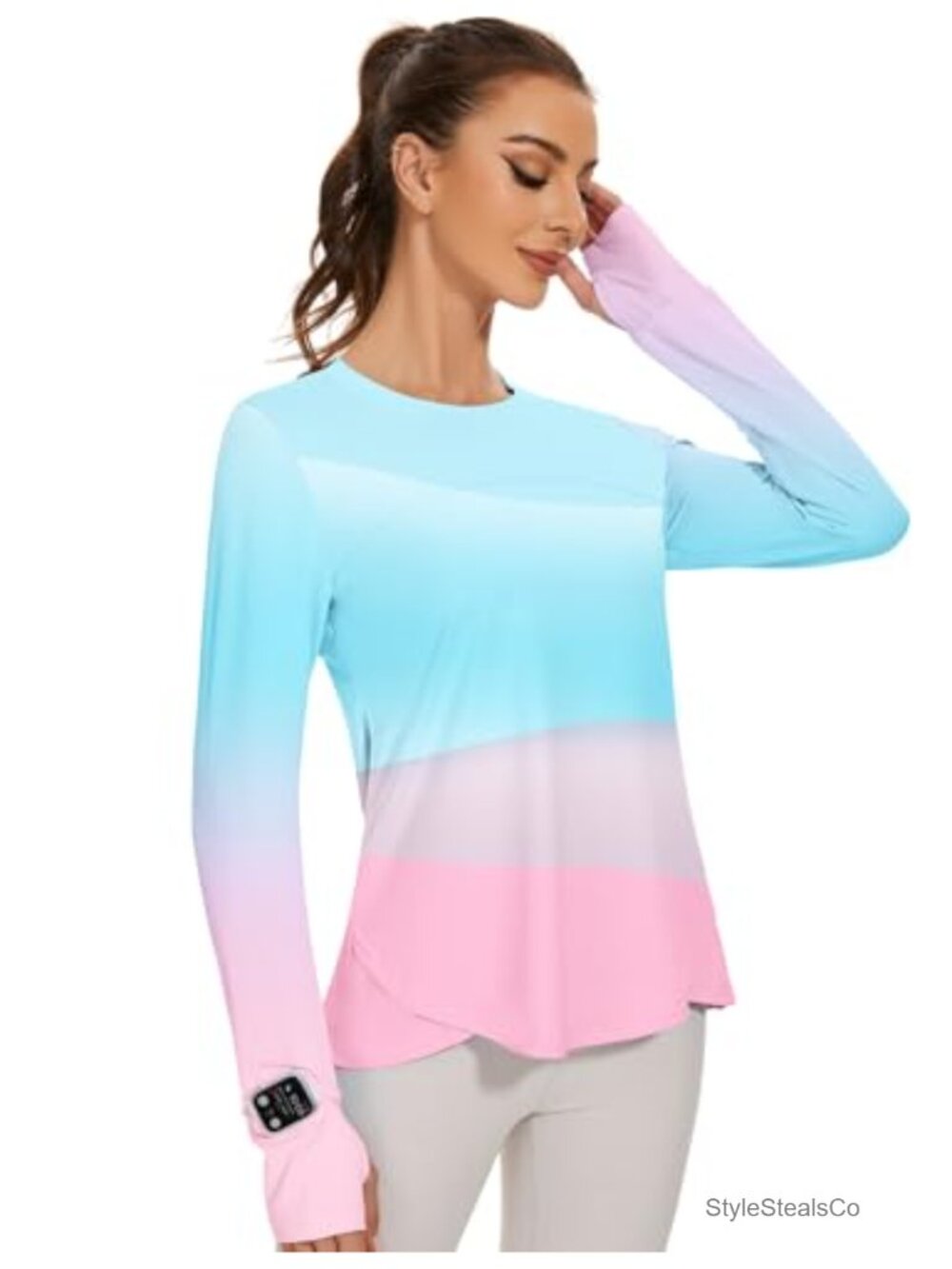 Long Sleeve Running Shirt UPF 50+ Sun Protection Athletic Gym Top Thumbholes